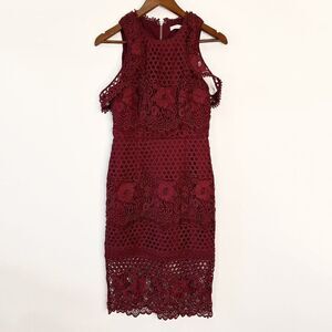 Ministry of Style Red Wine Lace Sleeveless Dress with Off Shoulder Detail
